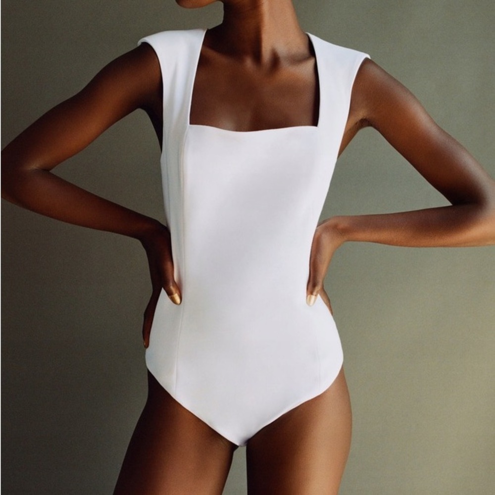 Zara White Bodysuit Square Neckline Shoulder Pads